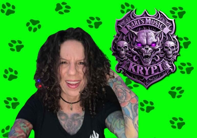 Karis Music Krypt with lime green background with black paw prints
