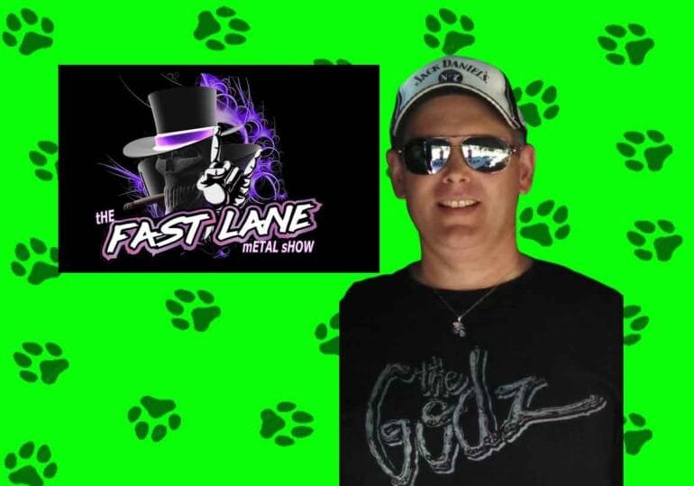 The Fast Lane Metal Show on a lime green background with black paw prints