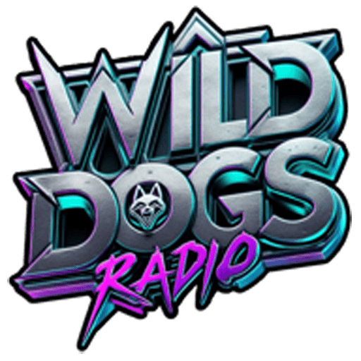 Cyan, silver, and violet coloring of the Wild Dogs Radio Logo.