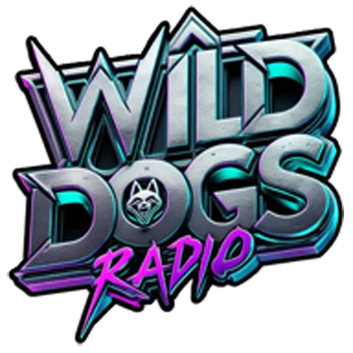 Cyan, silver, and violet coloring of the Wild Dogs Radio Logo.