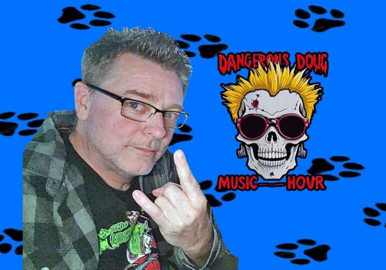 Dangerous Doug Music Hour on Blue Background With Black Paw Prints