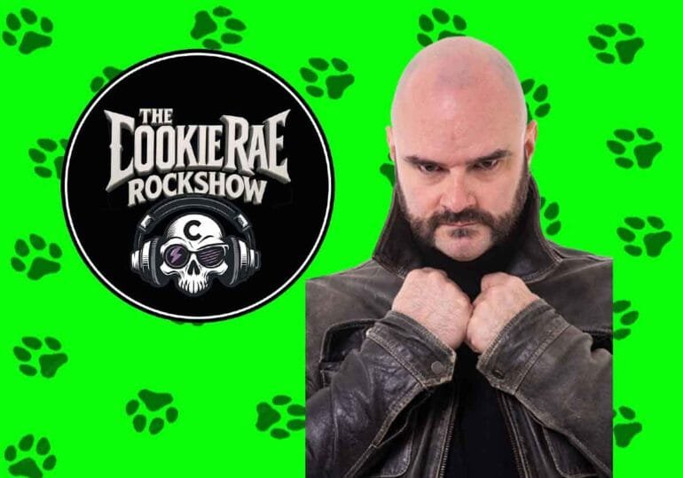 The Cookie Rae Rock Show on a lime green background with black paw prints
