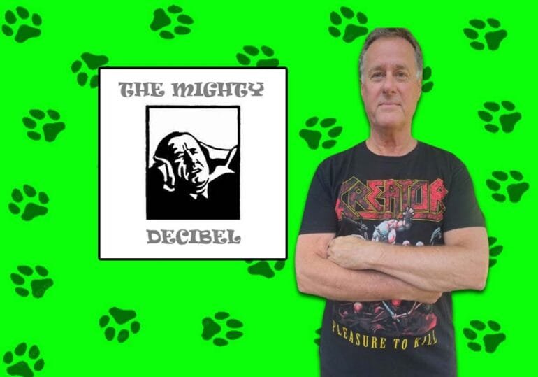 The Mighty Decibel Logo on lime green background with black paw prints.