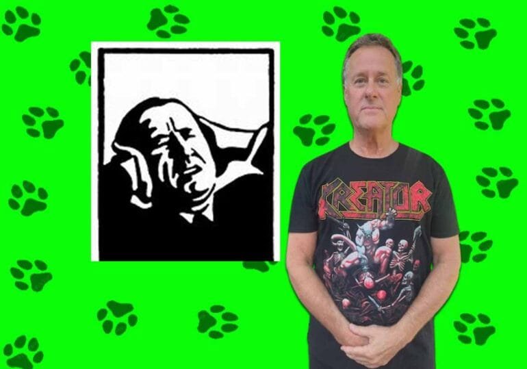 The Mighty Decibel Logo on lime green background with black paw prints