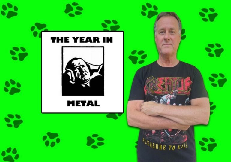 The Year In Metal Logo with a lime green background with black paw prints.