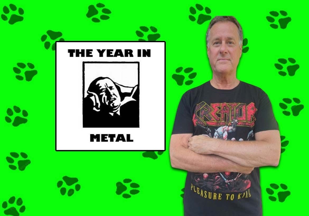 The Year In Metal Logo with a lime green background with black paw prints.